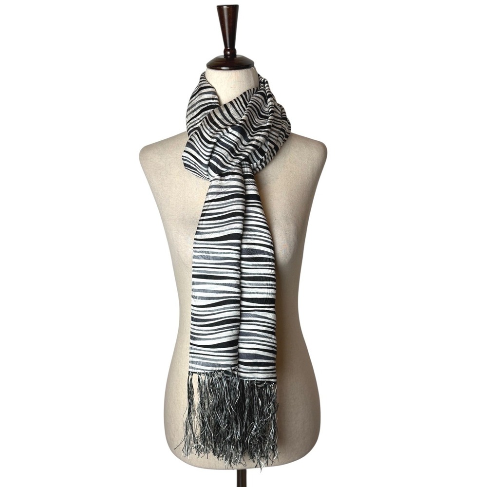 Unbranded 100% Silk Scarf Women OS Black White Excellent Striped Jacquard Fringe